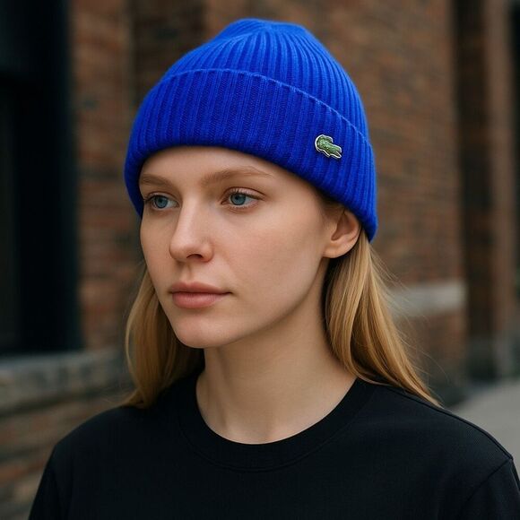 Lacoste Unisex Rib Knit Beanie Hat Wool Cuffed Winter Cap w/ Crocodile Logo Blue - Picture 2 of 5